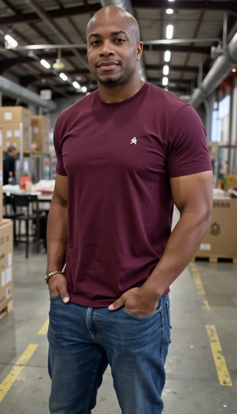 iPhone Photorealistic Full body image. make him more realistic and similar. Powerful CEO, He is wearing a burgundy t shirt and blue jeans. Slim but lightly muscular build. He is facing the camera directly, as if the paparazzi is shooting him while he is standing in a warehouse thinking about how to build his empire. He looks like a confident stud, CSTMDL, Face of Carter and bald head