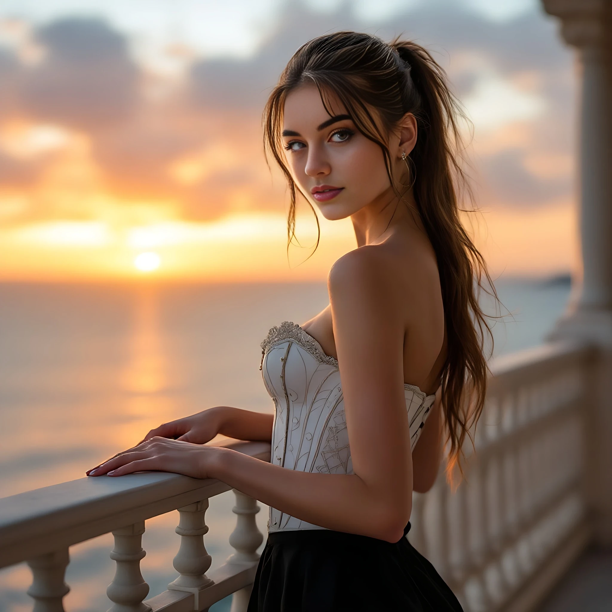 ultra realistic, 19 year old slavic girl dressed in a white classy corset, a black skirt, leaning against balcony overlooking the ocean sunset, hair in a ponytail, facing the camera. perfect hands, perfect arms IMG_1018.HEIC