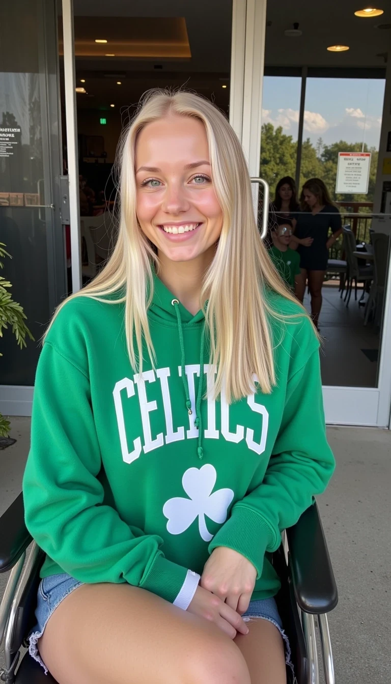 CSTMDL, Hailey, hyper-realistic photograph of a young woman in her early-20s with warm fair skin tone, blonde hair cascading over her shoulders, getting out of a hospital, she is sitting down on a wheelchair, she is wearing a jean skirt and a green Celtics hoodie, she is looking at the camera with a smile,  no visible sweat or signs of exertion, no accessories except a white hospital band on her right wrist, background includes the double sliding doors from the hospital, ((CSTMDL, Lory is being her pushing the wheelchair)), overall atmosphere of quiet vulnerability mixed with subtle allure, medium shot from a low angle, captured with a Canon EOS 5D Mark IV camera using a 50mm prime lens at f/2.8 aperture, ISO 200, natural outdoor lighting with high detail and sharpness, photorealistic textures on the thin cotton fabric of the hoodie  with faint wrinkles and soft folds, glossy sliding doors reflections, ultra-detailed skin pores and hair strands, indistinguishable from a real high-resolution photo