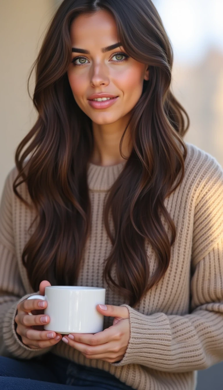 CSTMDL, photorealistic portrait of a beautiful brunette woman with long wavy hair, sitting in a cozy sweater, holding a white coffee mug, soft morning light, candid smile, lifestyle photography --exclude cartoon, anime, cgi, illustration, doll-like, AI glow














