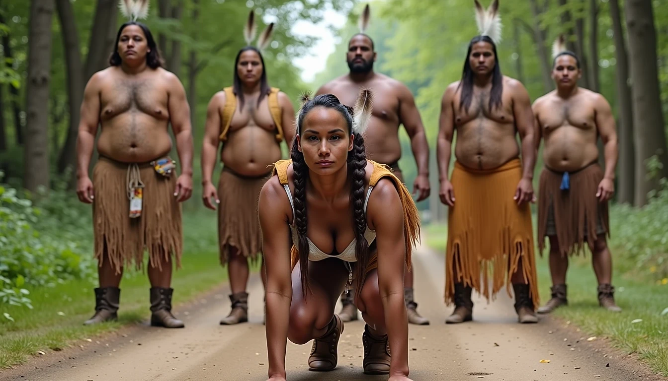photo of woman CSTMDL, a medium shot photo of, a slim woman, her full body is in the scene, she has a slender petite build with petite small boobs and a flat chest, she has small dark skin nipples with long pointy nipple ducts and small dark skinned areolas, her hair is styled with two long braids she has eagle plumes in her hair, she is not wearing earrings, she is wearing daisy duke denim booty shorts, she is wearing a native American style vest in a golden yellow color over top of her underwear, she is holding her vest open exposing her strapless bra, her bra is a strapless white lace bra, she is wearing a fringe breechcloth in a golden yellow color, she is wearing ankle height smoked hide moccasins, natural lighting, natural light, amateur photography, shot on an iPhone, she is posing bent over on all fours on the ground with her legs spread wide apart in a wooded area in front of a fat obese native American man, she is maintaining intense eye contact with the camera, a fat obese native American man is directly behind her while three other fat obese native American men form a lineup behind one another, public setting, Hyper realism, 16k, uhd, ultra-sharp focus, perfect meshes and textures, highly detailed, highly accurate reflections, natural lighting, natural light, amateur photography, 
