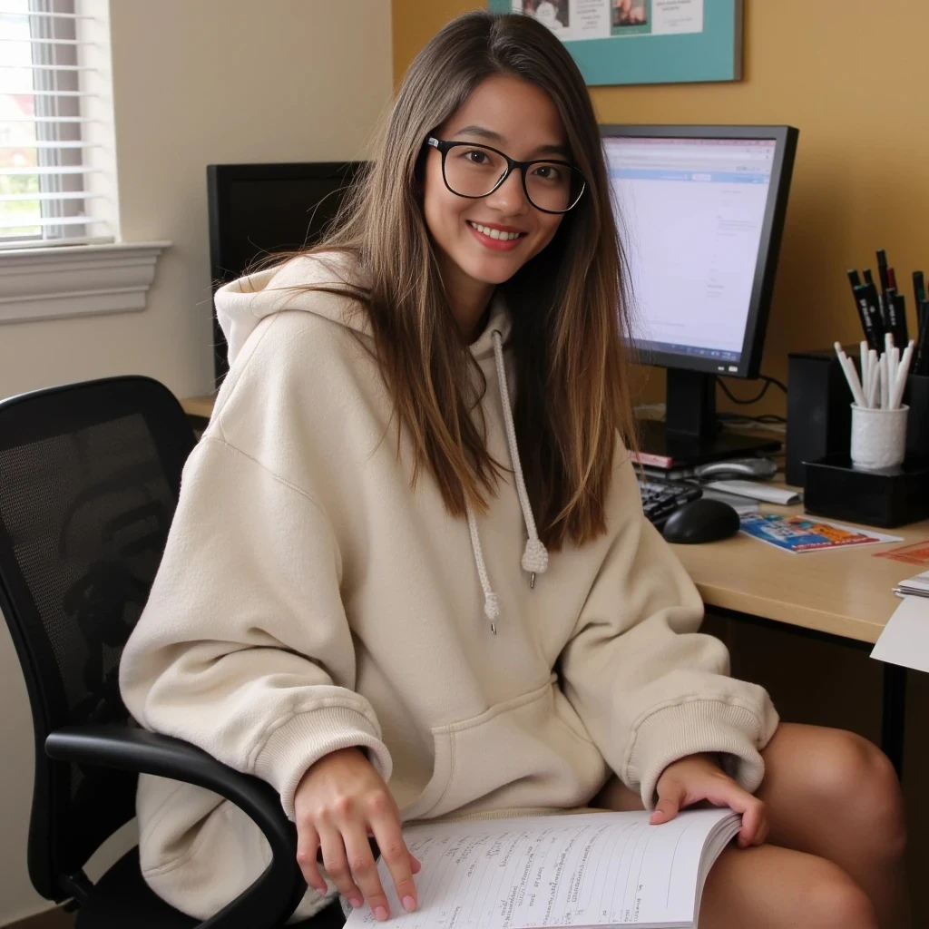 YOU’RE NOT USING OUR MODEL. USE OUR MODEL SYNDEY IN THESE PHOTOS. Use our Model Sydney. She is sitting at her desk studying for her upcoming test in an oversized hoodie, panties, and a pair of big glasses on. Use Sydneys face and body. 