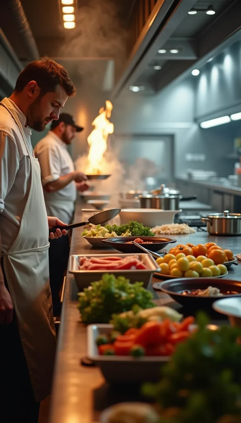 AI image prompt: Candid kitchen shot from a shaky phone camera, circa 2018. A chef in a white apron stands at the counter of a busy restaurant kitchen, holding a flaming skillet. The steam and heat create a hazy effect, slightly blurring the background where other chefs and cooks hustle. Piles of fresh vegetables and ingredients are scattered across the counter, while pots and pans sizzle on the stovetop. The scene is lit by the bright, warm overhead lights of the kitchen, and the chef’s focused expression adds intensity to the lively, chaotic atmosphere.