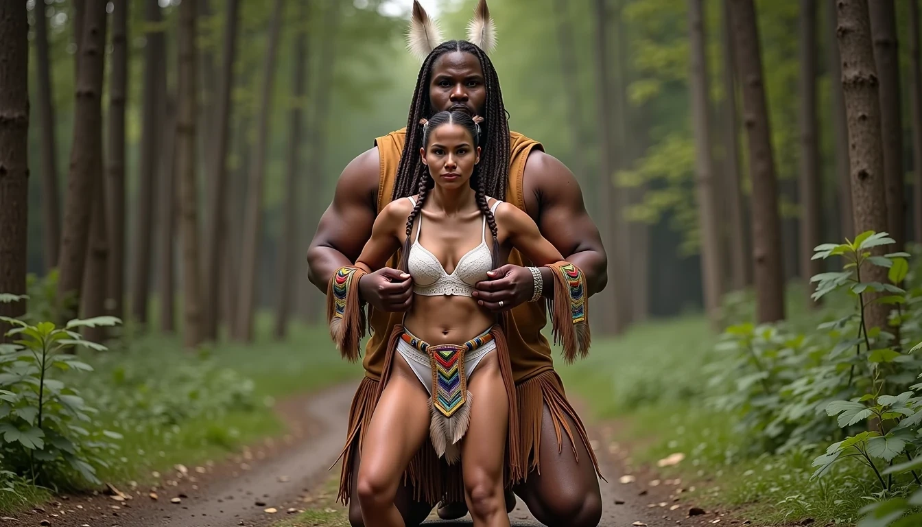 photo of woman CSTMDL, a medium shot photo of, a slim woman, her full body is in the scene, she has a slender petite build with petite small boobs and a flat chest, she has small dark skin nipples with long pointy nipple ducts and small dark skinned areolas, her hair is styled with two long braids she has eagle plumes in her hair, she is not wearing earrings, she is wearing daisy duke denim booty shorts, she is wearing a native American style vest in a golden yellow color over top of her underwear, her vest is open exposing her strapless bra, her bra is a strapless white lace bra, she is wearing white lace panties, she is wearing ankle height smoked hide moccasins, natural lighting, natural light, amateur photography, shot on an iPhone, she is standing with her legs spread wide apart in a densely wooded forest, she is maintaining intense eye contact with the camera, there is a giant native American fat man twice her height kneeling directly behind her holding onto gripping the woman's waistline, the man is holding her in front of him, the man is a real giant twice the height of an average male, public setting, Hyper realism, ultra-sharp focus, highly detailed, natural lighting, natural light, amateur photography,
