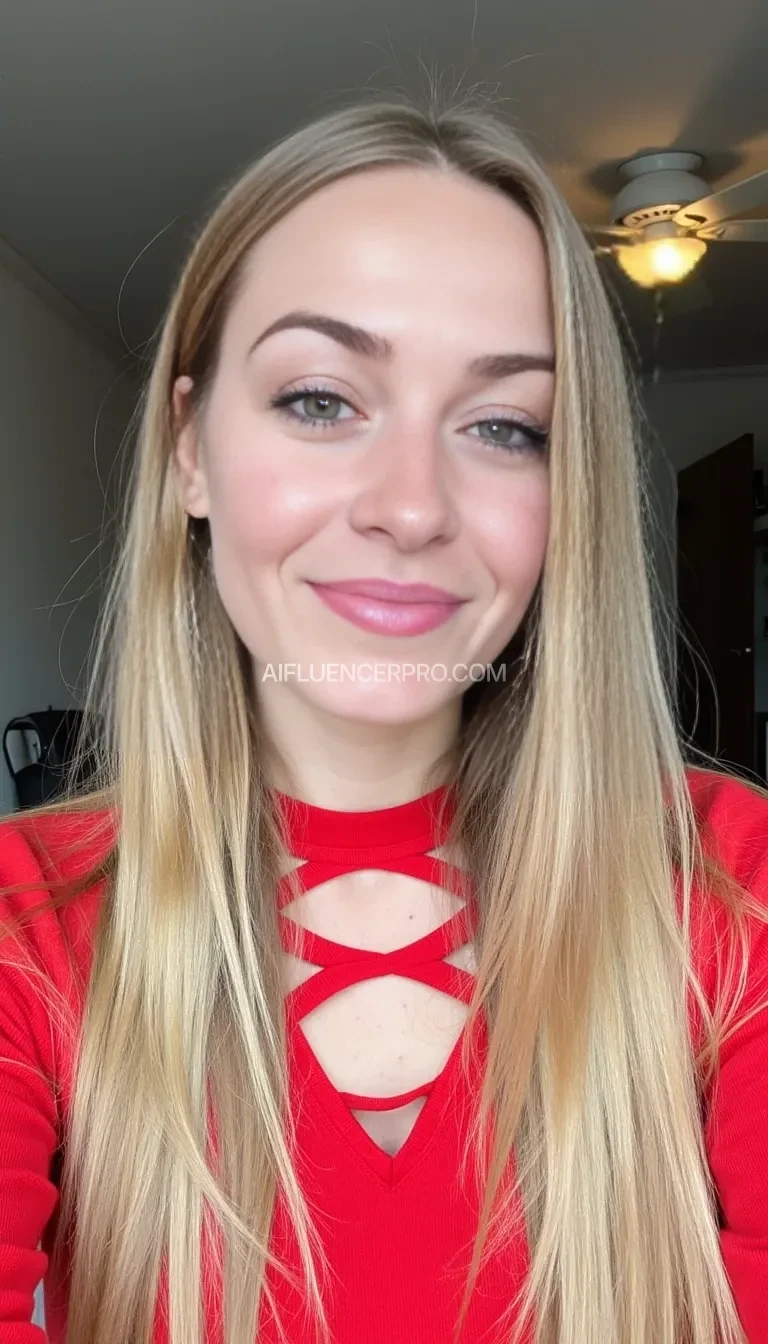 A young woman with long, straight blonde hair smiles softly. She is wearing a red top with cutout details and has a septum piercing. The background reveals a room with soft lighting and a ceiling fan, creating a casual and relaxed atmosphere.