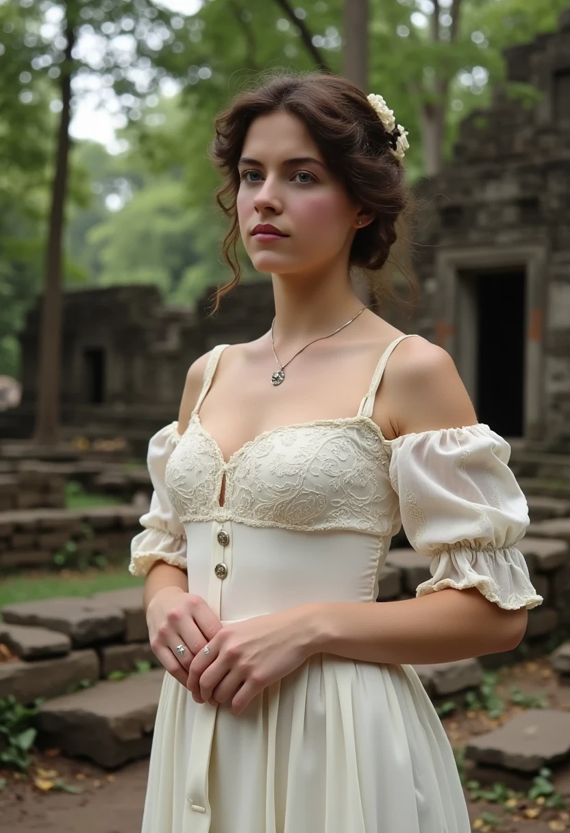Medium shot of woman CSTMDL, brunette, small pendant, no watch, no ring, hair tied, blue eyes, vintage early 1900 white dress. Her dress is covering and chaste but reveals and highlights her very sexy and feminine curves. her hands are delicately crossed on her lower abdomen.
She’s working as an archaeologist at Angkor temple. Khmer ruins in the jungle are in the background 