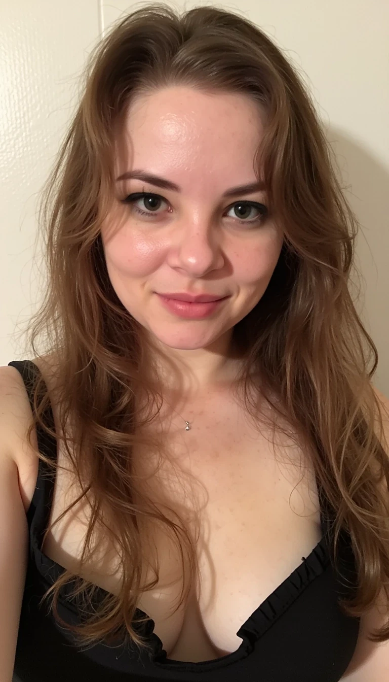 CSTMDL realistic nice portrait with smoky eye makeup, Plum lip color and long lashes, she has long layered wavy hair that is brown with blond highlights and large breasts.  She is 25. Her hair falls to her lower back.
