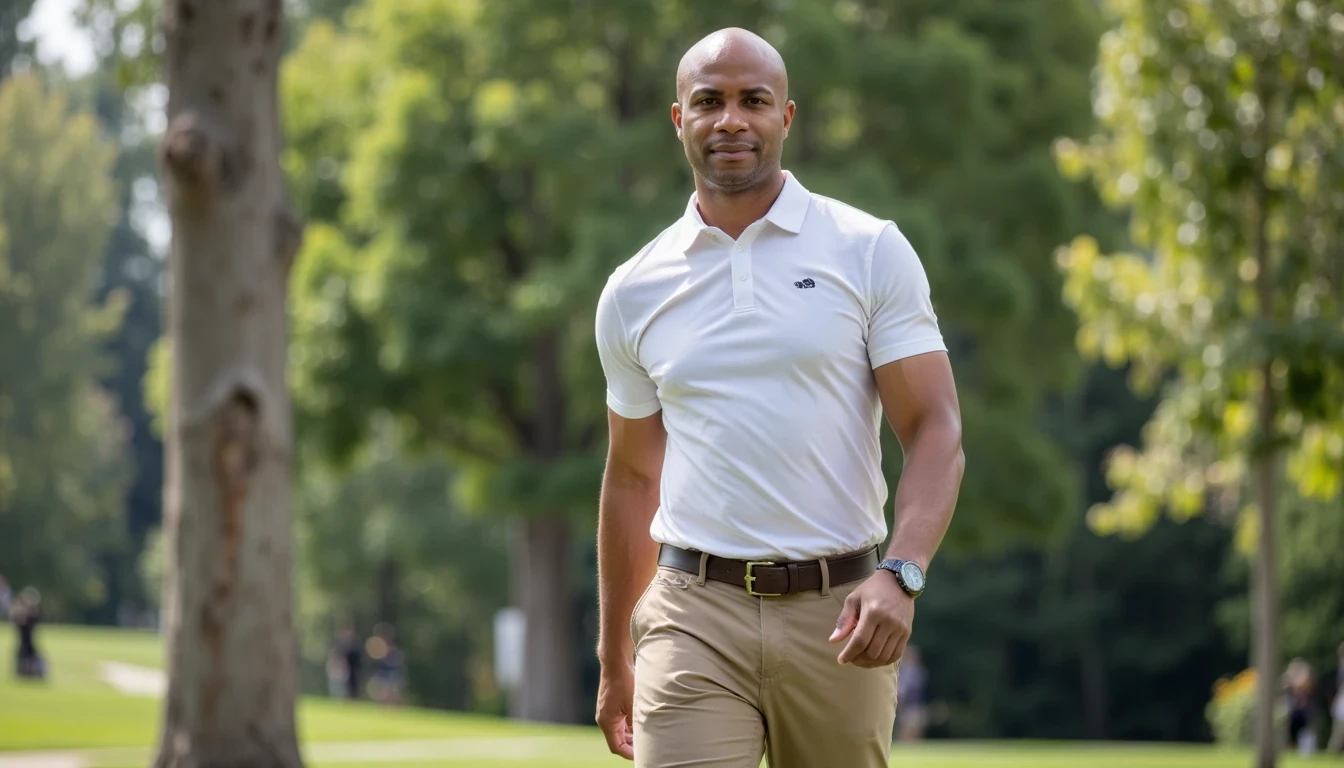 iPhone Photorealistic Full body image. make him more realistic and similar. Tech CEO, He is wearing a collared white shirt and sport coat , tan khakis. Slim but muscular build. He is walking away from the camera, watching polo. He looks like a confident stud, CSTMDL, Face of Carter and bald head