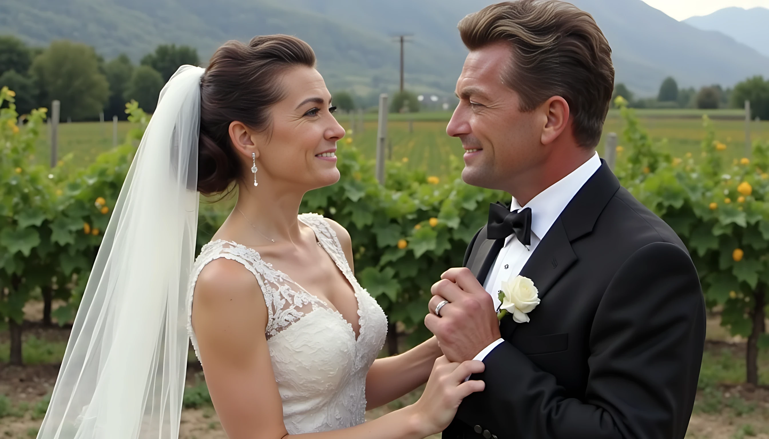 8K ultra detailed photography. The photo is a wedding photography of a 25 years old man CSTMDL, and he's beautiful french brunette girl. Scene is in 2002. He's smiling, short black hair. He wears a wedding tuxedo. Scene is set in the middle of a wineyard