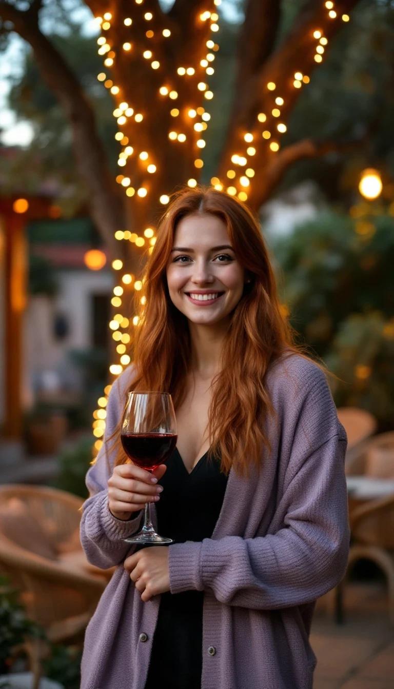 A full body shot photo of a woman standing outdoors at a cozy, warmly lit patio in the evening, with soft, glowing lights wrapped around a tree behind them creating a charming atmosphere. The image is rich in detail, with warm tones and clear textures throughout. The woman has fair skin, a slim build, and long reddish-blonde hair, also worn loose. She is smiling warmly at the camera, holding a glass of red wine in her right hand, and wears a soft-textured lavender cardigan over a black top. The background features a large tree with sparkling string lights wrapped around its trunk and branches, adding a magical touch to the scene. The setting suggests a private outdoor seating area, with elements like terracotta-tiled roofing, greenery, and rattan chairs contributing to a serene, inviting vibe. The overall composition is balanced, with the woman framed against the softly glowing tree, and the lighting enhances the warm, intimate feel of a quiet evening shared among friends. The details are vivid, with textures of clothing, skin, and background elements clearly visible, while the warm lighting creates a relaxed and joyful mood