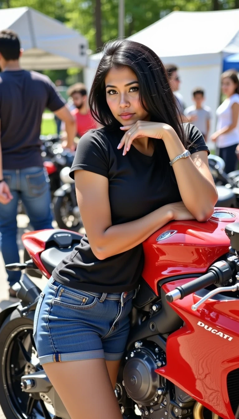 CSTMDL   model with long thick dark hair, wears casual clothes -tight ducati t-shirt and denim shorts  - whilst sat astride a ducati motorbike at a bike meet, leaning forward looking into camera