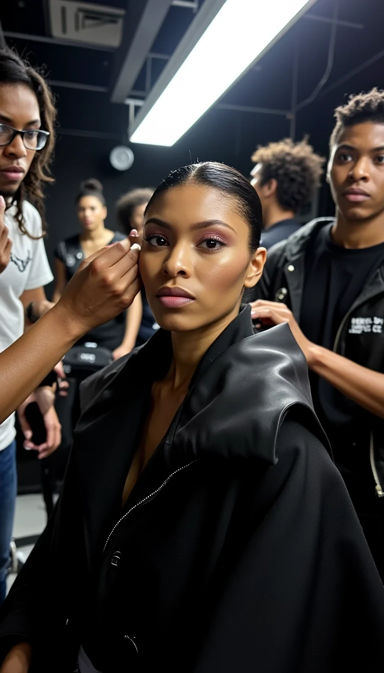Backstage Energy
Shot on Leica Q3, 28mm f/1.7, ISO 3200, 1/250 sec. Behind-scenes documentary style. Model getting final touches in Balenciaga avant-garde piece. Natural skin texture visible under makeup station lights. Mixed lighting: fluorescent overheads + makeup mirrors creating dimensional light on face. Busy atmosphere: stylists, makeup artists in motion blur. Authentic moment capturing pre-show intensity.
 CSTMDL