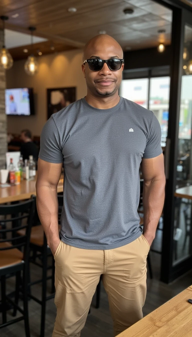 iPhone Photorealistic Full body image. make him more realistic and similar. Tech CEO, He is wearing a grey t shirt, tan khakis and modern Ray-Ban sunglasses. Slim but muscular build. He is facing the camera directly, as if the paparazzi is shooting him while he is at a restaurant. He looks like a confident stud, CSTMDL, Face of Carter and bald head