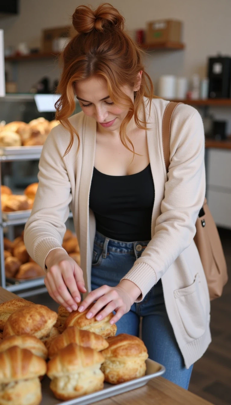 Mid-length image of Sol leaning slightly over a pastry counter, auburn bun messy, freckles glowing. Wearing cream cardigan draped open over black bodysuit and mom jeans, tote bag hanging from shoulder. She’s reaching toward croissants with a soft focused expression. Background shows blurred bakery display. Photorealistic, candid indoor light.