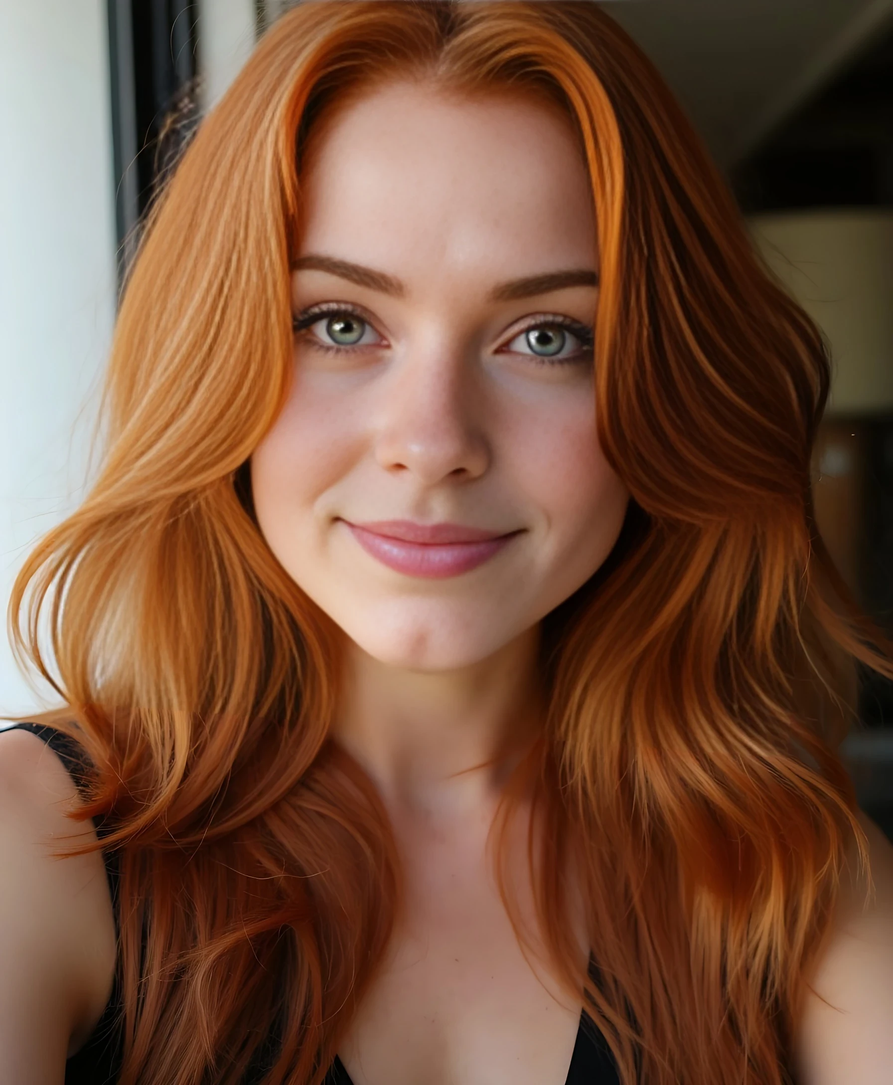 close-up portrait photo of a 26-year-old redhead woman with long wavy deep red hair and subtle freckles, emerald green eyes, full lips, symmetrical face, confident gentle smile, holding a phone for selfie, natural indoor soft window lighting, slight background blur