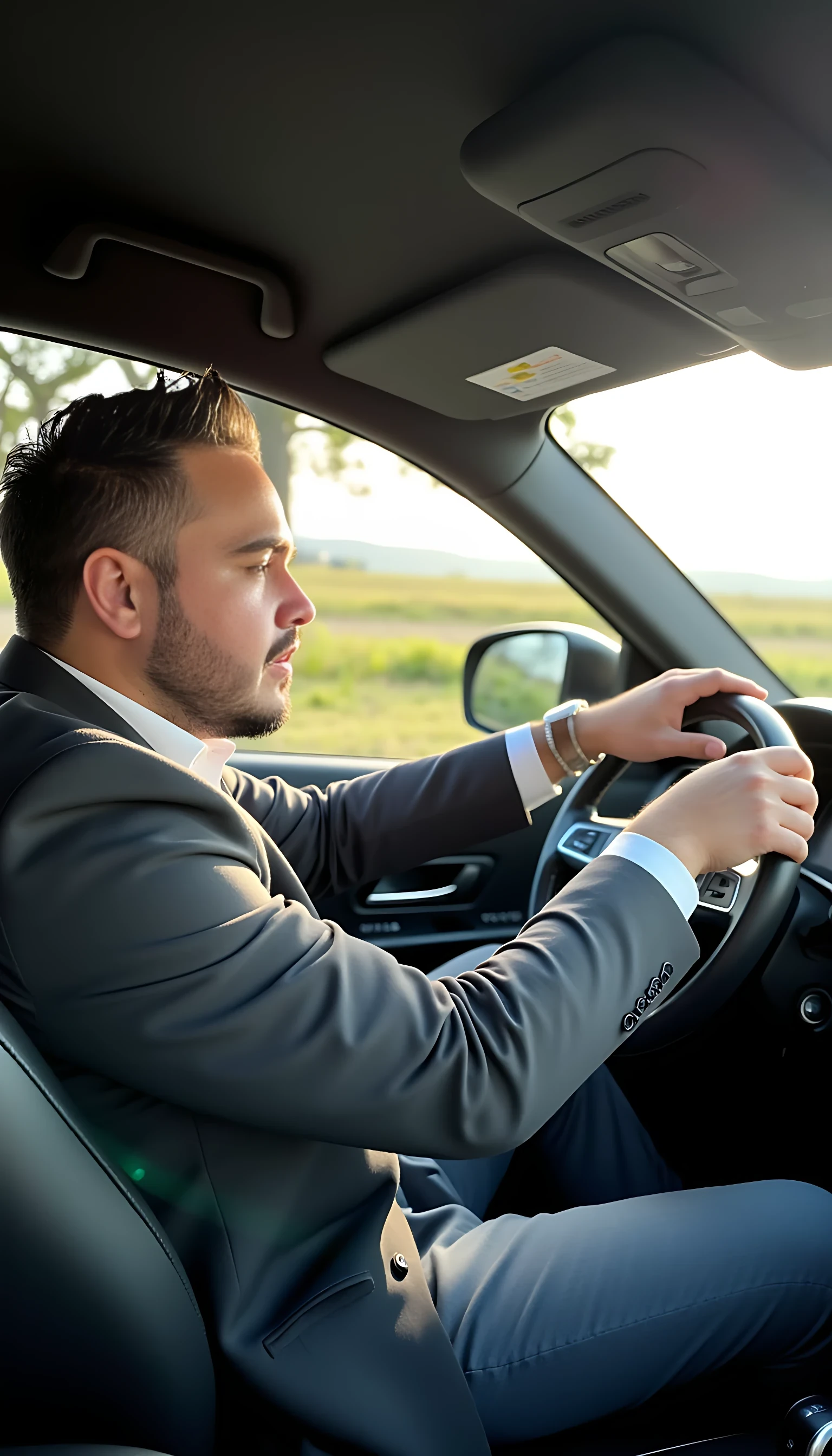 Man full average body driving a luxury car 