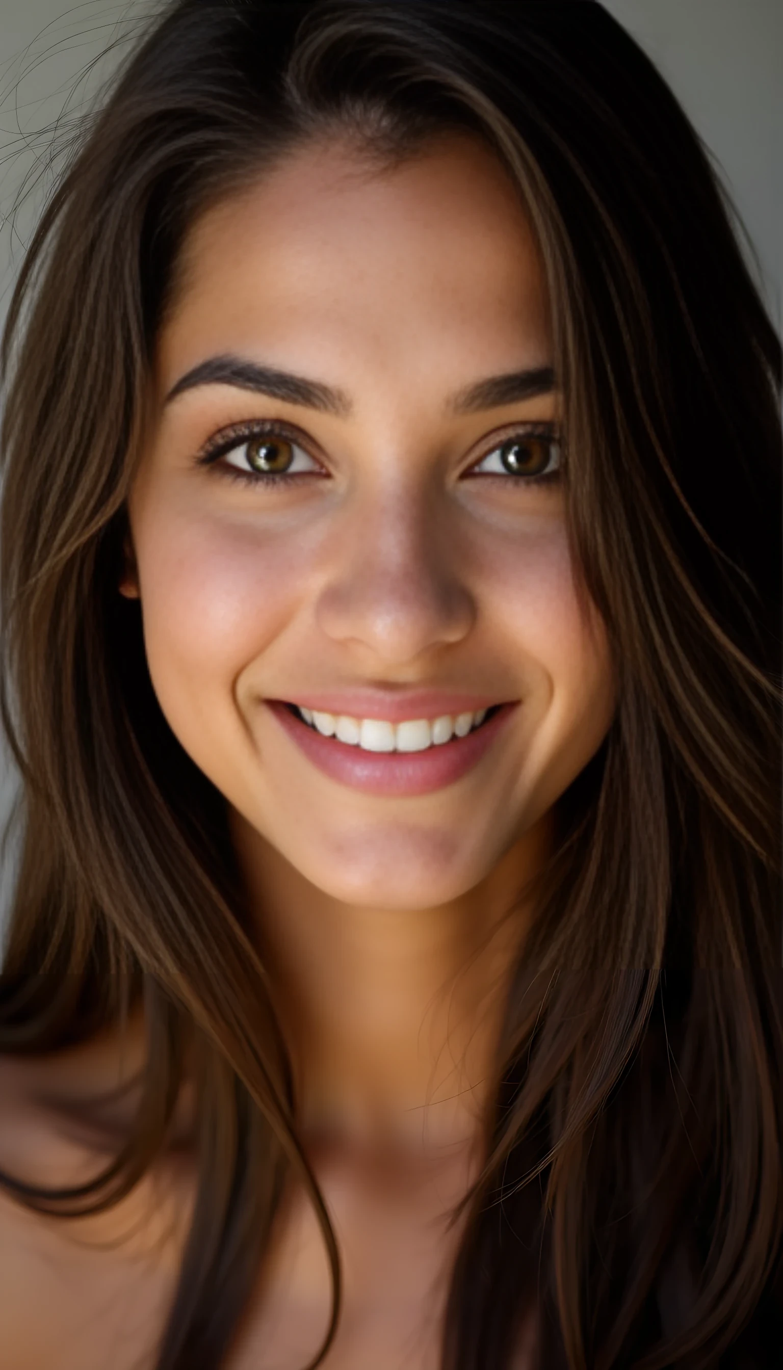 A portrait photo of a beautiful 20 years old model, mixed ethnicity of half white American half Brazilian, with silky brunette hair, amber brown eyes, ultra detailed eyes with sharp iris reflections, slight smile, studio-quality, extremely realistic HD