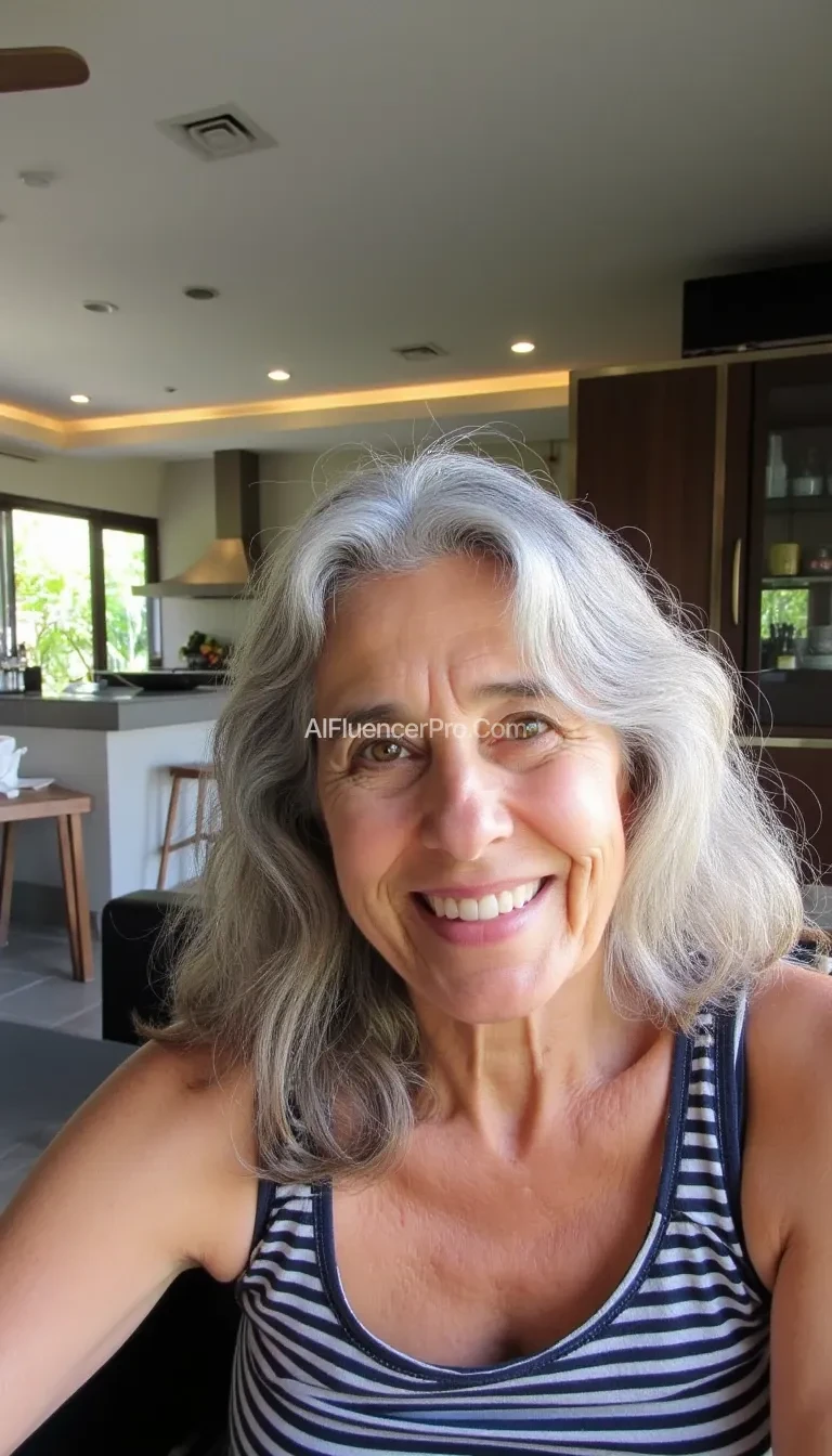 boring low quality snapchat photo circa 2015, a 65 year old granny with a warm hair, sitting in the living room of a villa in Bali. She has soft, wavy grey hair cascading past her shoulders. The sunlight streams through the window, casting a gentle glow on her face. The background outside the window shows a modern open kitchen