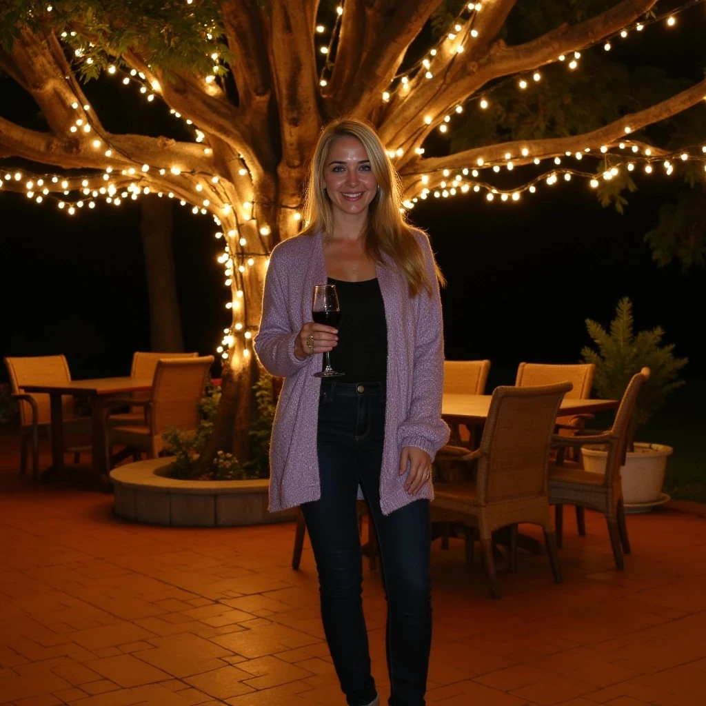 Full-length evening photograph of the same woman standing on a cozy, warmly lit patio. String lights wrap a large oak tree behind her, scattering tiny golden reflections over terracotta tiles and rattan chairs. She wears a soft-textured lavender cardigan open over a simple black camisole, slim high-waisted dark jeans, and ankle boots. She holds a glass of red wine in her right hand, smiling warmly at the camera. Fair skin glowing in the ambient light, clear textures on clothing, skin, and background, rich warm tones, relaxed and inviting vibe.