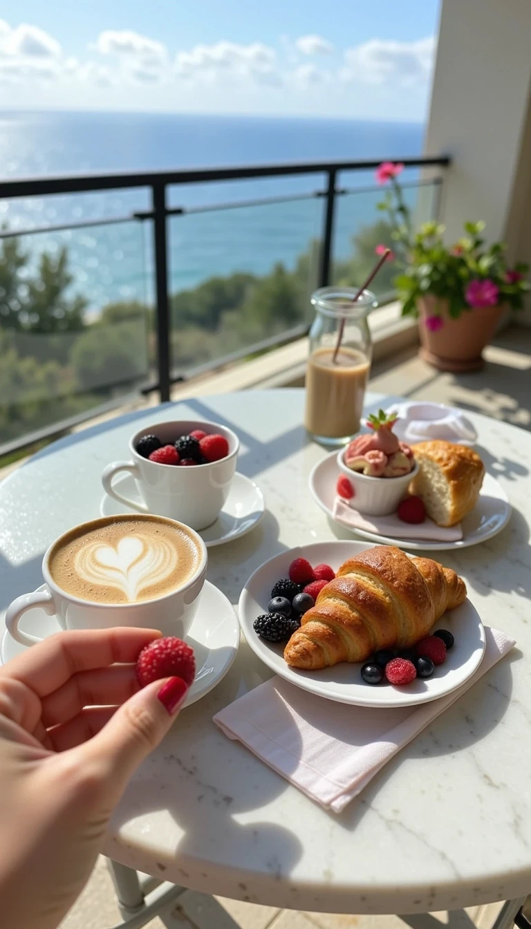  CSTMLD  shot, marble balcony table with fresh croissant, berries, cappuccino with heart foam art, luxury silk napkin. Sunlight reflects off glass railing, ocean blur behind. A hand with red nails delicately holding a strawberry enters the frame.