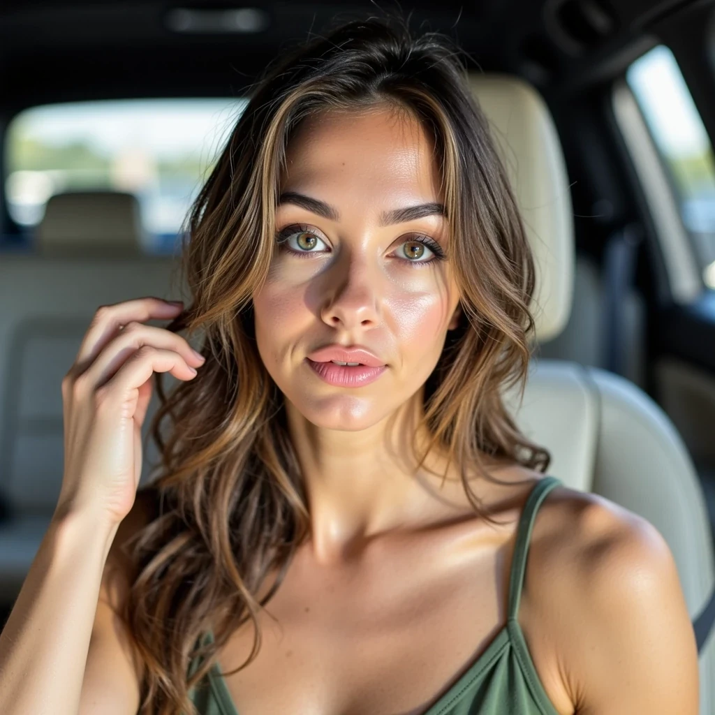 A hyper-realistic portrait of a smiling young woman sitting in a car seat. She has long brown hair, glowing skin, and a natural glam look. She is wearing a fitted green top with thin straps, giving a flattering neckline. She leans slightly to one side with her hand in her hair, looking directly at the camera with a warm, confident smile. The background shows a blurred car interior, and the photo is sharp, bright, and styled like a casual Instagram post with realistic details and natural lighting.
