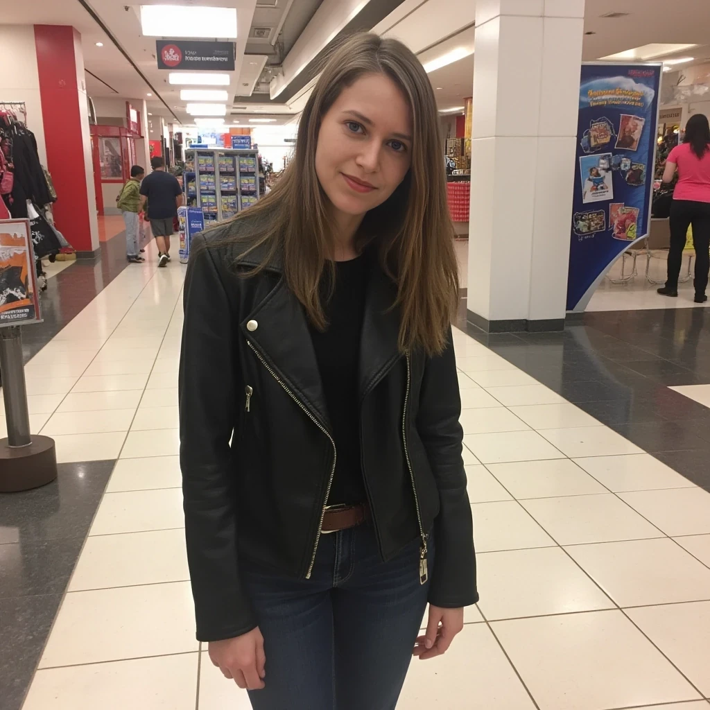 boring low quality snapchat photo circa 2015, average looking woman, full outfit, standing, soft light brown hair, mall background