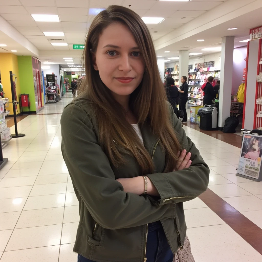 boring low quality snapchat photo circa 2015, average looking woman, full outfit, standing, soft light brown hair, mall background