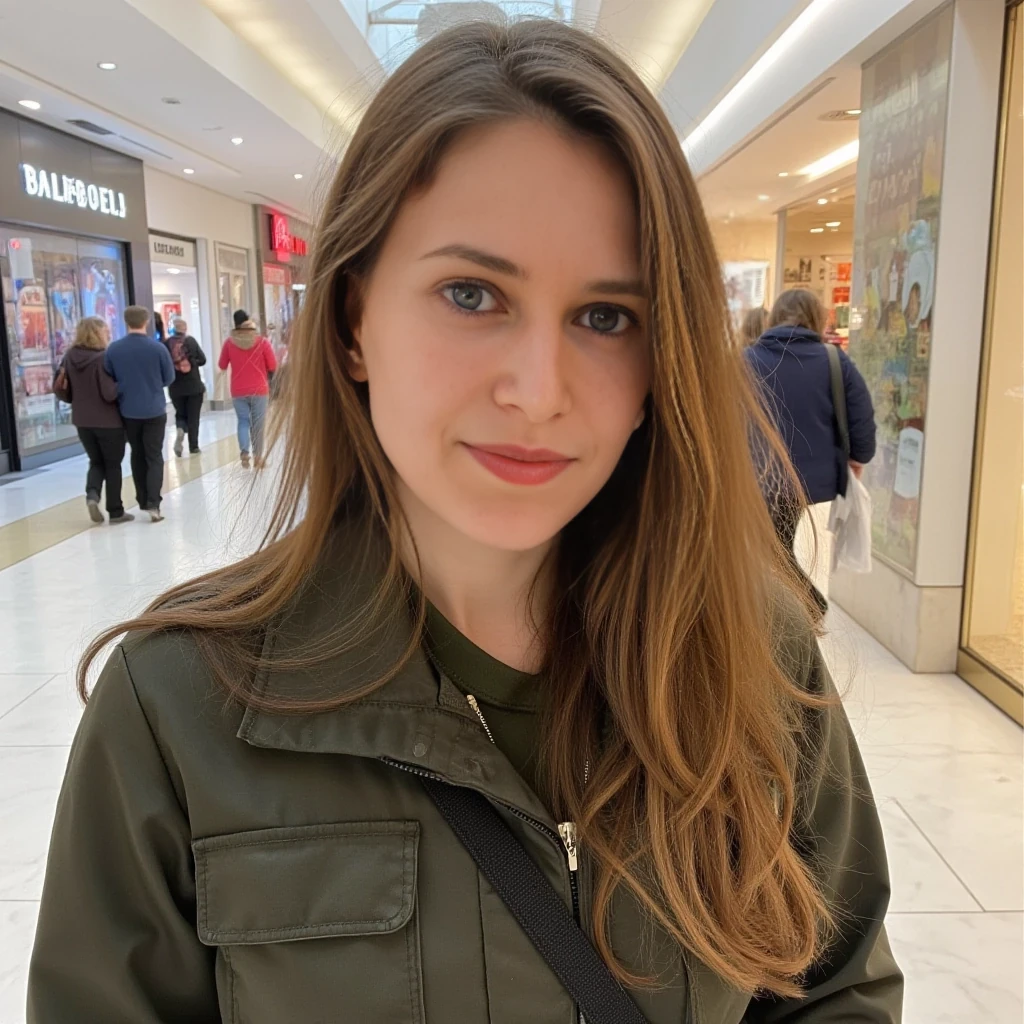 boring low quality snapchat photo circa 2015, average looking woman, full outfit, standing, soft light brown hair, mall background