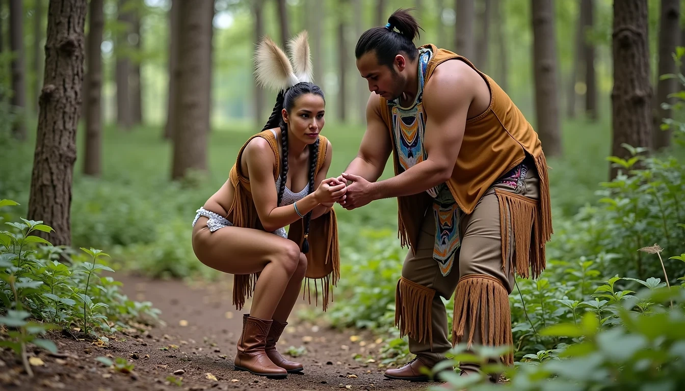 photo of woman CSTMDL, a medium shot photo of, a slim woman, her full body is in the scene, she has a slender petite build with petite small boobs and a flat chest, she has small dark skin nipples with long pointy nipple ducts and small dark skinned areolas, her hair is styled with two long braids she has eagle plumes in her hair, she is not wearing earrings, she is wearing daisy duke denim booty shorts, she is wearing a native American style vest in a golden yellow color over top of her underwear, she is holding her vest open exposing her strapless bra, her bra is a strapless white lace bra, she is wearing white lace panties, she is wearing ankle height smoked hide moccasins, natural lighting, natural light, amateur photography, shot on an iPhone, she is bent over on all fours on the ground with her legs spread wide apart in a densely wooded forest in front of a fat giant native American man, she is maintaining intense eye contact with the camera, a fat giant native American man is directly beside her holding onto her booty, public setting, Hyper realism, 16k, uhd, ultra-sharp focus, perfect meshes and textures, highly detailed, highly accurate reflections, natural lighting, natural light, amateur photography,