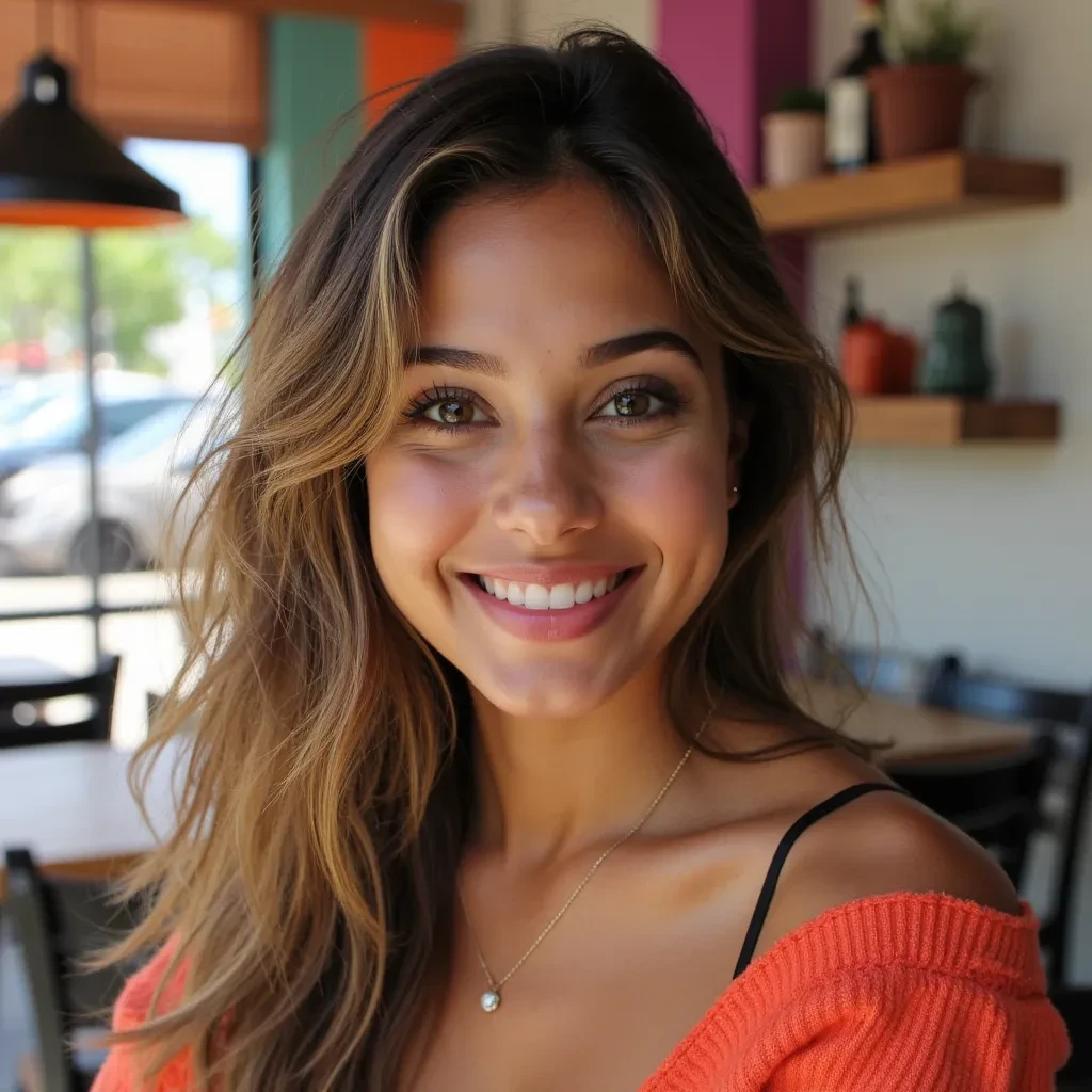 A highly detailed, vibrant, realistic analog-style portrait photograph of an incredibly beautiful young female influencer. She has a radiant smile, captivating eyes, and flawless glowing skin. Her gaze confidently meets the viewer, drawing attention with magnetic charisma. The background is blurred, colorful, and aesthetically pleasing, reminiscent of a trendy café or modern urban location, enhancing the casual yet elegant vibe. Natural lighting highlights her youthful features. She wears a fashionable yet effortlessly chic outfit, complemented by delicate jewelry and subtle makeup. Her hair is styled loosely, adding to her approachable yet glamorous appeal.