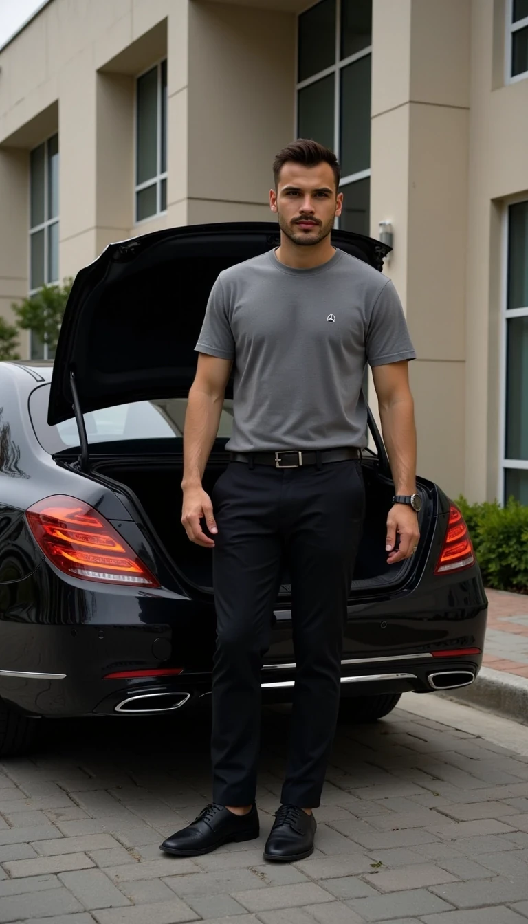 Photorealistic full-body photo of a young handsome man, he wears grey t-shirt, long elegant trousers, black sneakers, He is standing near the Mercedes S-Class Maybach and opens the door on the trunk. He is facing to camera, he has no logo on t-shirt


Lifestyle influencer aesthetic, cinematic realism, ultra-detailed, 8K
The photo feels cinematic, influencer-style, high quality, professional composition.
Well lit picture, Style: Photorealistic Lighting: studio lighting 
Details: Bright Lighting, High Detail, 4K
he stand infront of camera , photoghraped by a photograph
