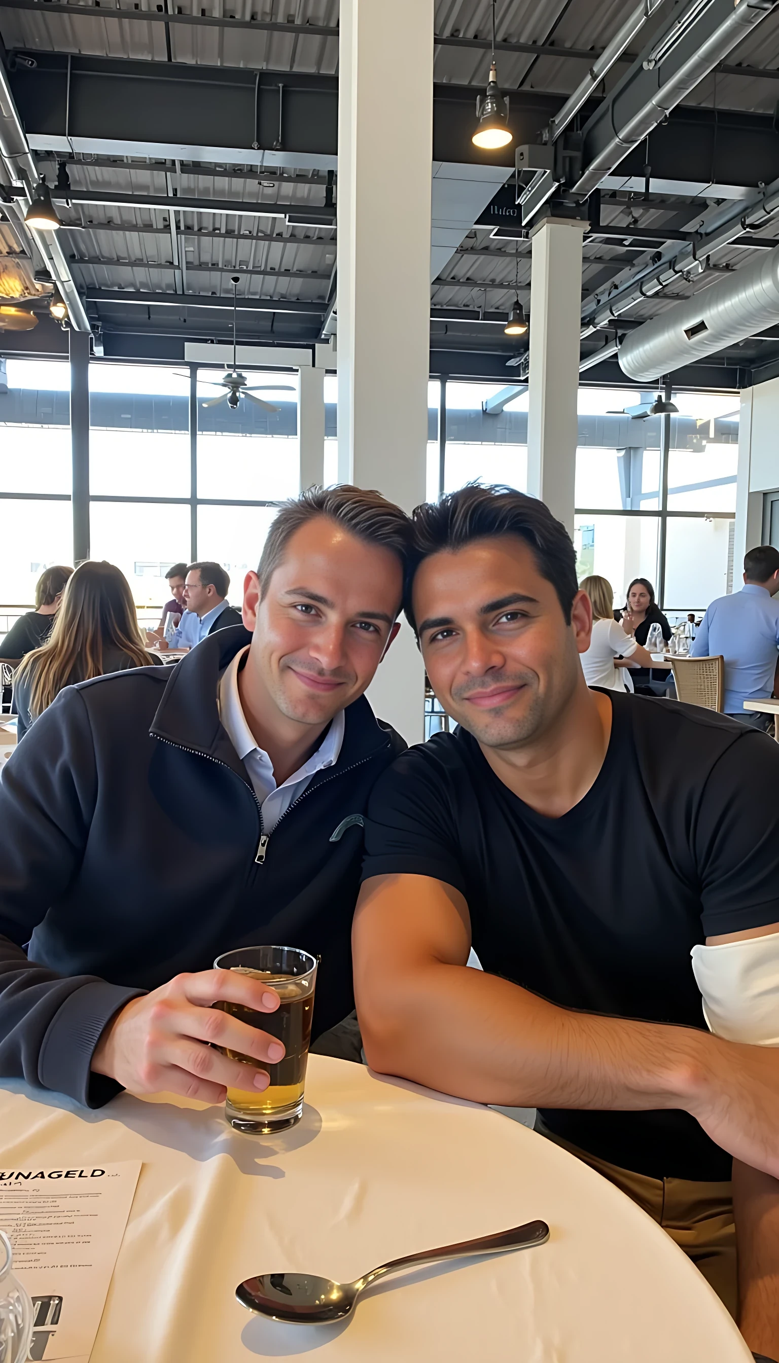 Medium shot photo of CSTMDL and a men sitting closely together at a restaurant table, both holding drinks in a casual, friendly pose. The man on the left has light skin, short brown hair, and wears glasses with a warm smile, dressed in a dark zip-up jacket over a collared shirt. The man on the right has a medium tan skin tone, dark wavy hair, and a relaxed expression, wearing a black T-shirt with a visible arm sling. They sit side by side, leaning slightly towards each other, suggesting camaraderie, with their arms resting on the white-clothed table, which has drinks, a menu, and utensils scattered across it. The background features an expansive indoor space with high ceilings, exposed metal beams, and large windows allowing bright natural light to fill the area. The restaurant ambiance is lively, with other patrons visible in the background, creating a bustling yet comfortable atmosphere. The overall lighting is bright, diffused through the windows, giving a soft glow to the scene, emphasizing the warm, friendly interaction between the two men.
