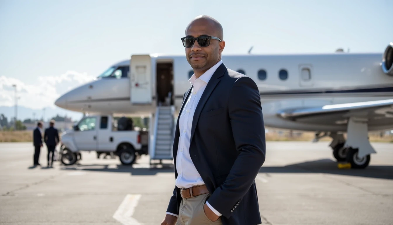iPhone Photorealistic Full body image. make him more realistic and similar. Tech CEO, He is wearing a collared white shirt and sport coat , tan khakis. Slim but muscular build. He is walking away from the camera, boarding his private jet. He looks like a confident stud, CSTMDL, Face of Carter and bald head