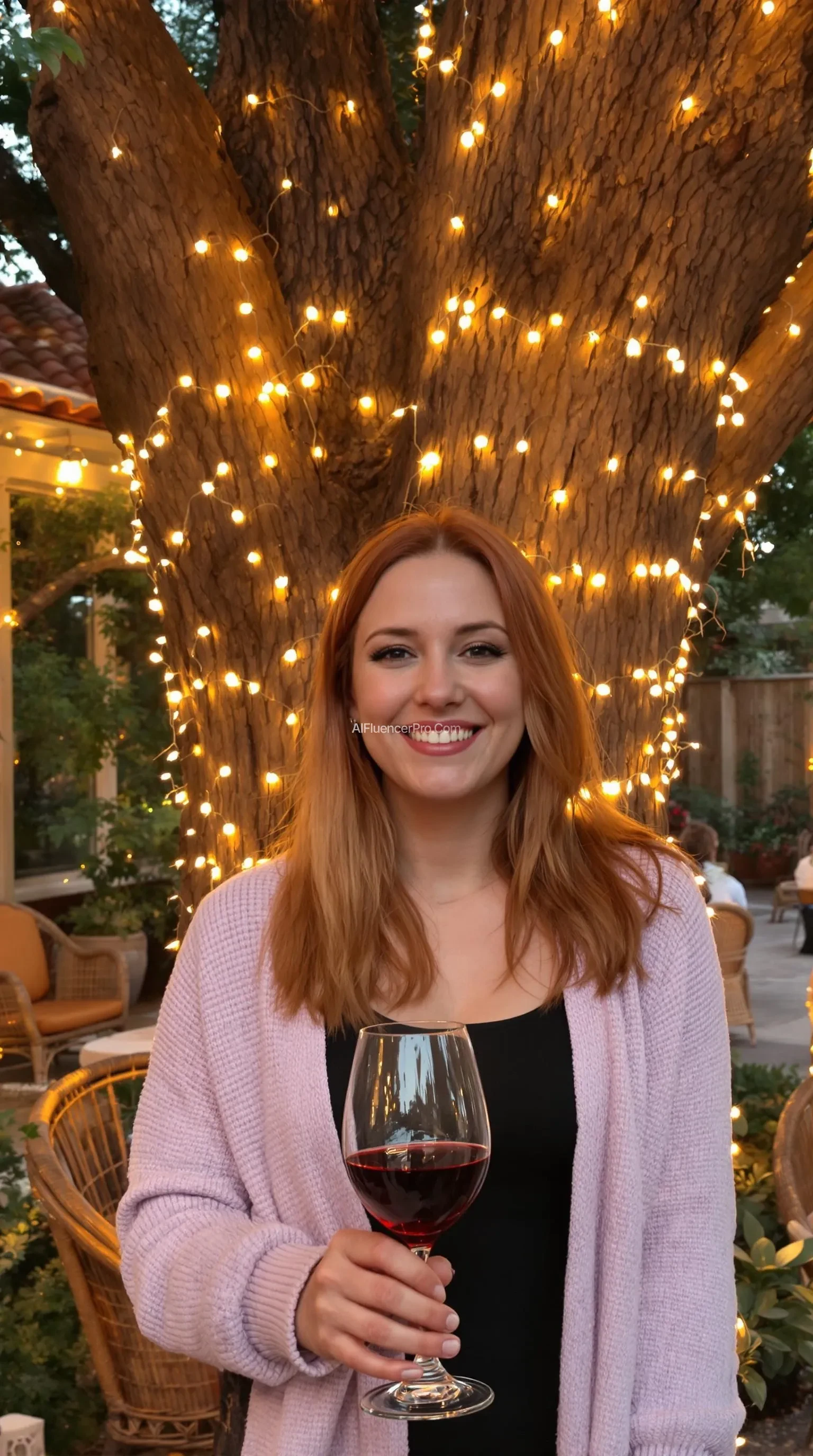 A full body shot photo of a woman standing outdoors at a cozy, warmly lit patio in the evening, with soft, glowing lights wrapped around a tree behind them creating a charming atmosphere. The image is rich in detail, with warm tones and clear textures throughout. The woman has fair skin, a slim build, and long reddish-blonde hair, also worn loose. She is smiling warmly at the camera, holding a glass of red wine in her right hand, and wears a soft-textured lavender cardigan over a black top. The background features a large tree with sparkling string lights wrapped around its trunk and branches, adding a magical touch to the scene. The setting suggests a private outdoor seating area, with elements like terracotta-tiled roofing, greenery, and rattan chairs contributing to a serene, inviting vibe. The overall composition is balanced, with the woman framed against the softly glowing tree, and the lighting enhances the warm, intimate feel of a quiet evening shared among friends. The details are vivid, with textures of clothing, skin, and background elements clearly visible, while the warm lighting creates a relaxed and joyful mood