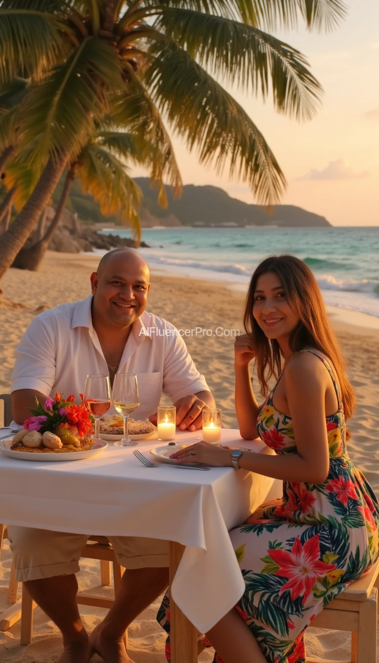 A hyper-realistic, ultra-detailed 4D, 8K render of a man and a woman enjoying a romantic dinner by the beach, both facing the camera. The man, an Indonesian with a clean-shaven bald head, a round-shaped head, and semi-chubby cheeks, smiles warmly as he enjoys the moment, dressed in light-colored linen shorts and a slightly unbuttoned white shirt, exuding a casual yet elegant look. The woman, about 35 years old, has a slender face with sharp features and long, slightly wavy hair that gently catches the evening breeze. She wears a flowing tropical-patterned summer dress with vibrant colors, complementing her serene expression as she gazes at the camera. The couple is seated at a beautifully set dinner table, complete with a white tablecloth, flickering candles, and vibrant tropical flowers. The background features a breathtaking beach scene, with soft golden sand, crystal-clear turquoise water, and the warm glow of the sunset casting a golden light over the setting. Palm trees sway lightly in the breeze, creating a peaceful, romantic ambiance. The warm, cinematic lighting highlights their faces, enhancing the subtle textures of their skin and expressions while maintaining sharp details of the picturesque surroundings, creating an intimate and serene atmosphere by the beach.

