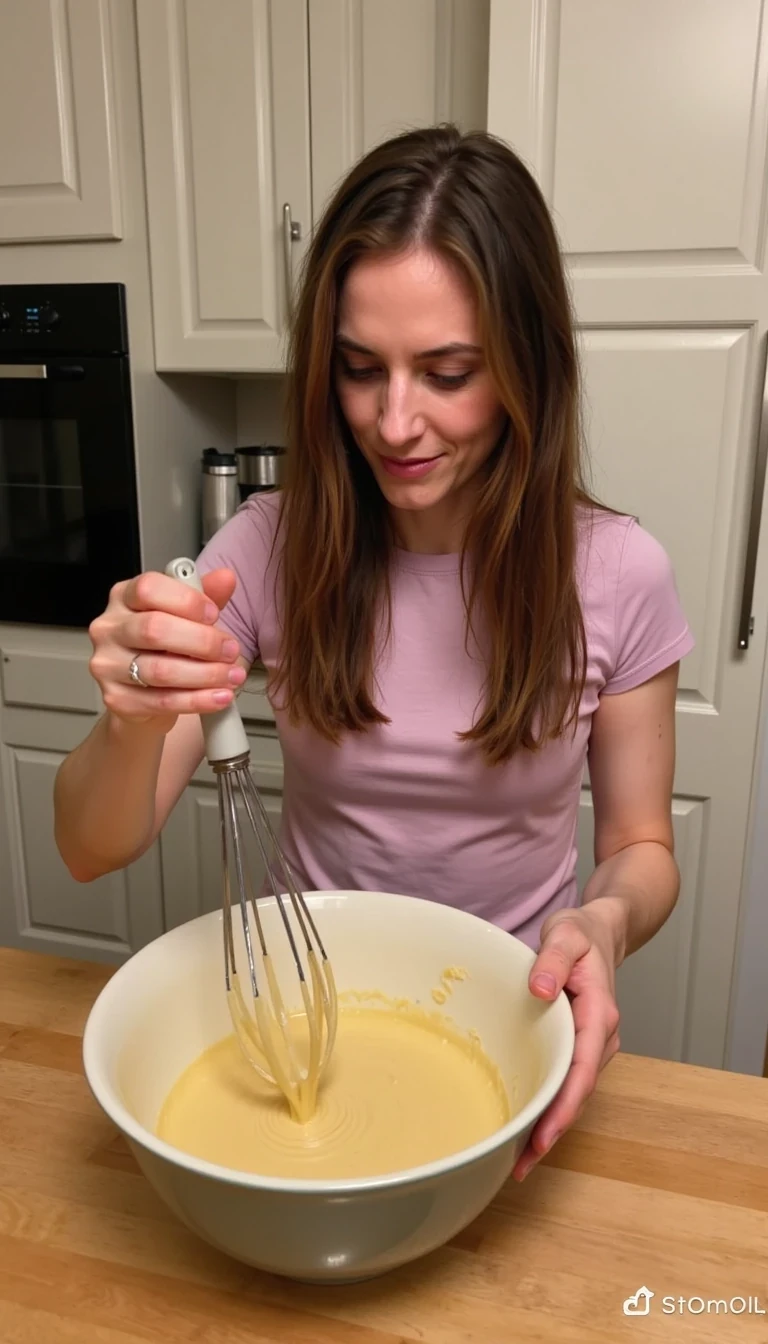 CSTMDL, boring low quality snapchat photo circa 2015, of Elara Whisking pancake batter in a ceramic bowl at the kitchen island
