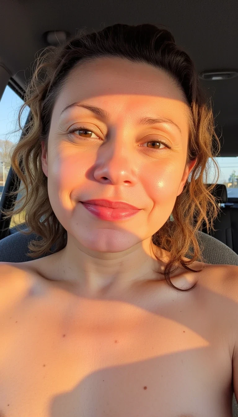 photo of a crying naked woman CSTMDL, boring low quality snapchat photo circa 2015, cute girl, soft light brown hair, selfie in a car, The light from the setting sun gives a soft orange glow across her whole body, casting long shadows