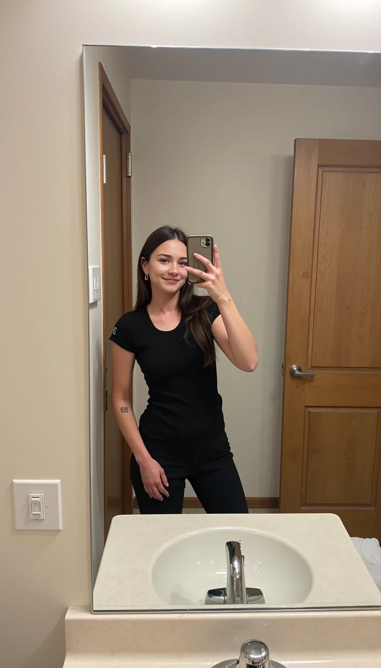 IMG_3434.HEIC, CSTMDL woman mirror selfie in a bathroom, low quality snapchat image shot on phone camera