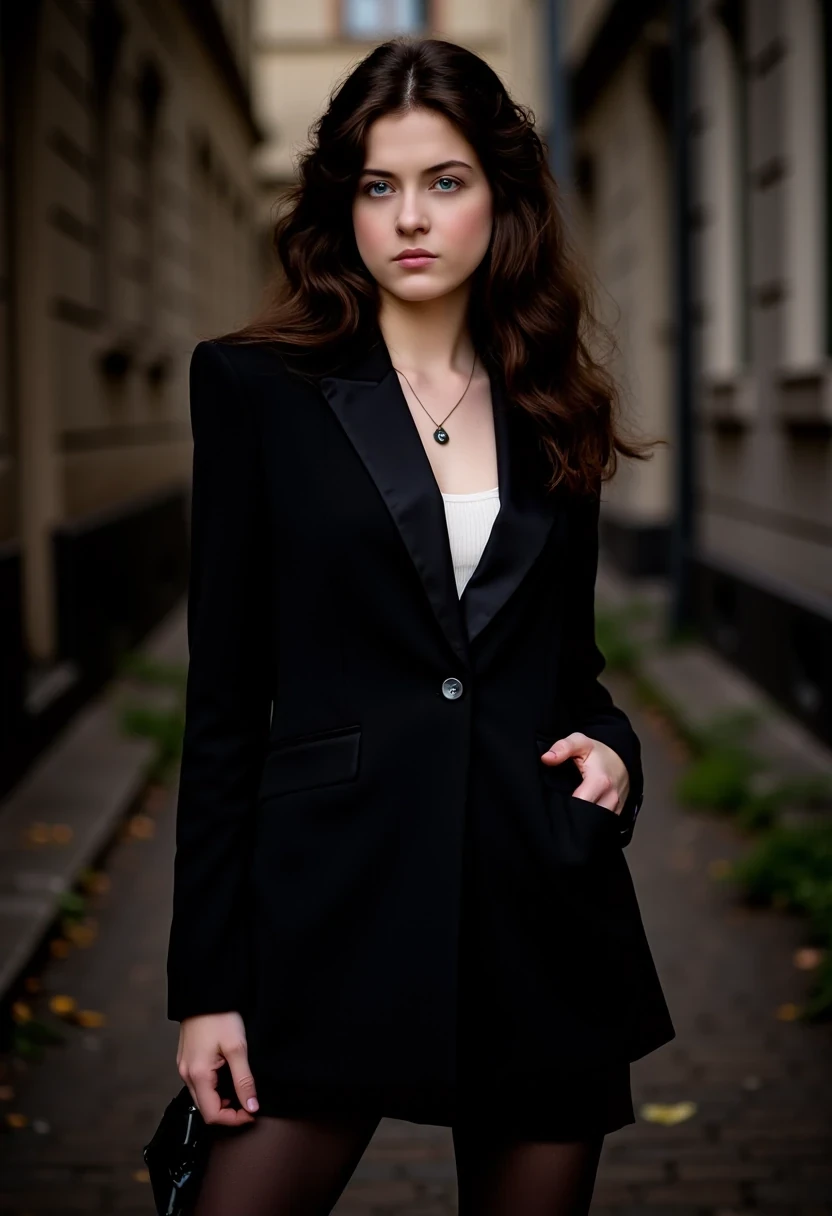 Woman CSTMDL, brunette, blue eyes, her hair are loose, she’s beautiful with a cold smile, wearing a tailored haute couture set, black blazer, black skirt, black tights and black high heels, elegant and modern, but very sexy. She also wears a white bustier under the blazer. Her expression is haughty and contemptuous. She looks like someone cold and unfriendly. Her skin tone is very white, (pallid), almost cadaveric. She’s wearing a small pendant. The background is a small deserted Parisian alley by (night). The light is very low, making the scene a bit worrying and frightening.