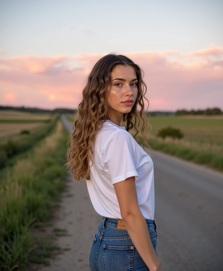 CSTMDL woman, full body, casual white t-shirt, summer countryside road, green fields, sunset sky with pink and orange clouds, natural pose looking back and smiling, iPhone photo style
