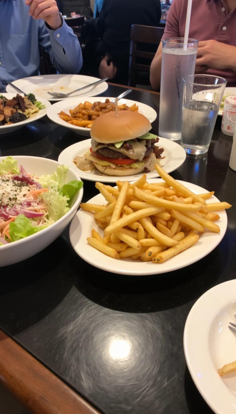 boring low quality snapchat photo circa 2015, this picture is being taken in a restaurant. The picture is of a Burger and fries in on one plate and a bowl of ceaser salad next to it. There are other food dishes and drink glasses on the table as well. The food is in white dishes on a black table. 