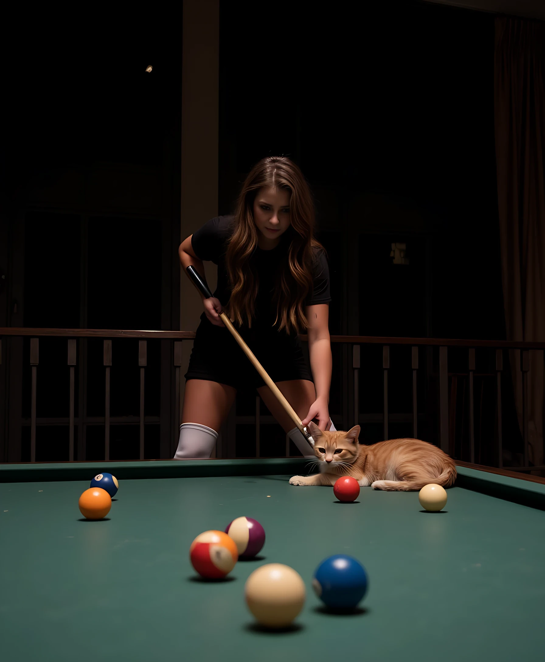 A young woman with long brown hair is poised on a pool table, aiming a cue stick towards the cue ball. She is wearing a black outfit with a pair of white leg warmers, suggesting a casual and relaxed setting. Her focus is intense as she lines up her shot. On the table, multiple colorful billiard balls are scattered, and a light-colored cat is calmly lying nearby, observing the scene. The room is dimly lit, creating a cozy atmosphere, enhanced by dark railings and large windows in the background.CSTMDL 