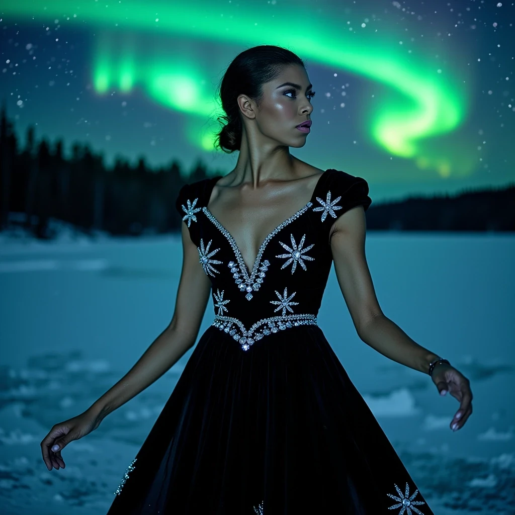 Midnight Ice Ballet
Shot on Leica M11, 75mm f/1.4, ISO 800, 1/250 sec. Editorial wide shot on frozen lake under northern lights. Model wearing Dior haute couture black velvet gown with crystal snowflake embellishments. Light olive brown skin capturing blue-green aurora reflection. Key light: powerful LED panels through diffusion creating ice-like glow. Skin texture shows cold-induced luminosity, slight wind-chapped effect on cheeks. Background: starlit sky, aurora borealis, ice patterns in lake surface. CSTMDL