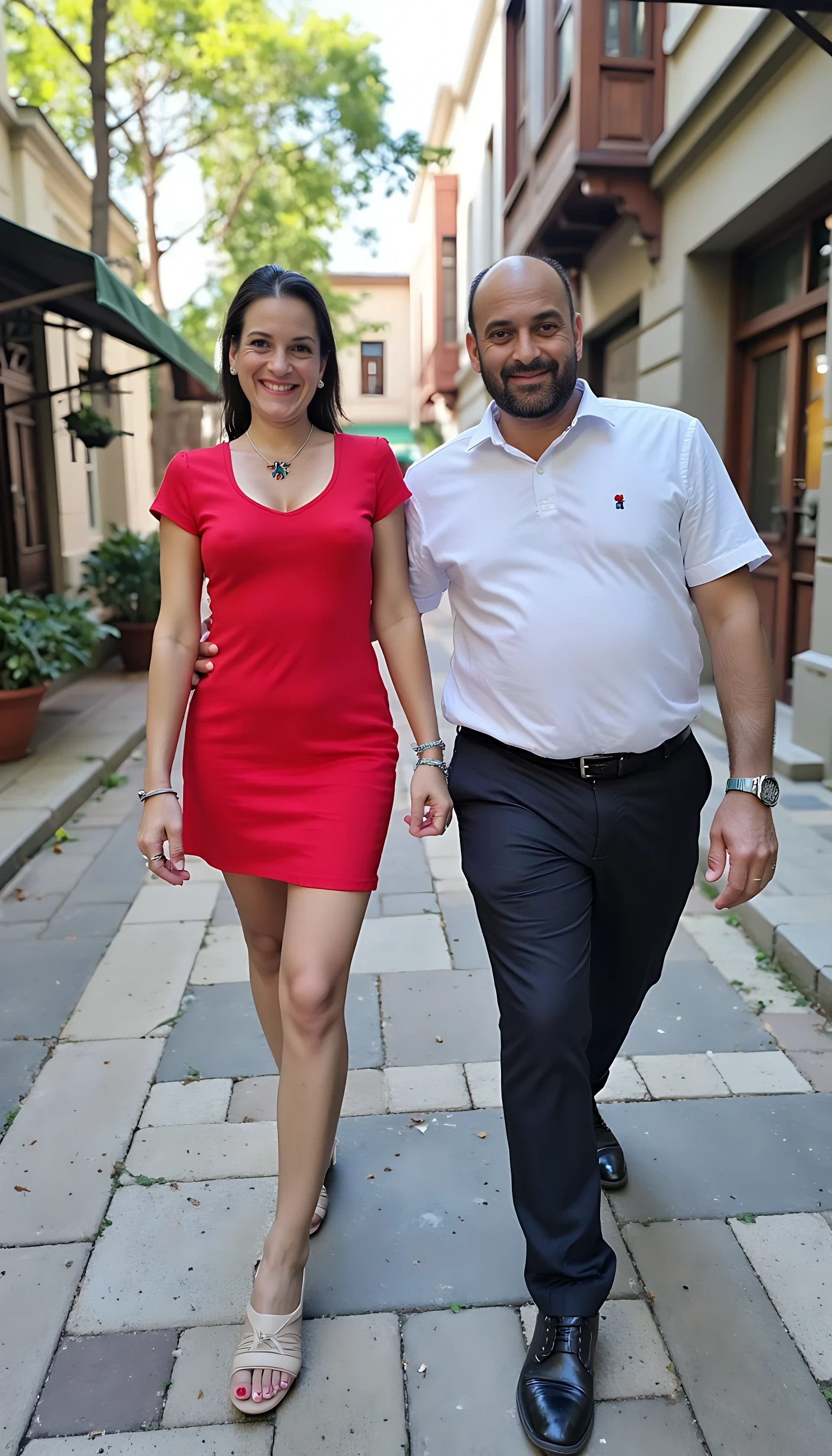 photo of brunette woman CSTMDL, boring low quality photo circa 1960, red short dress, walking on street of istambul with handsome fat man, happy face