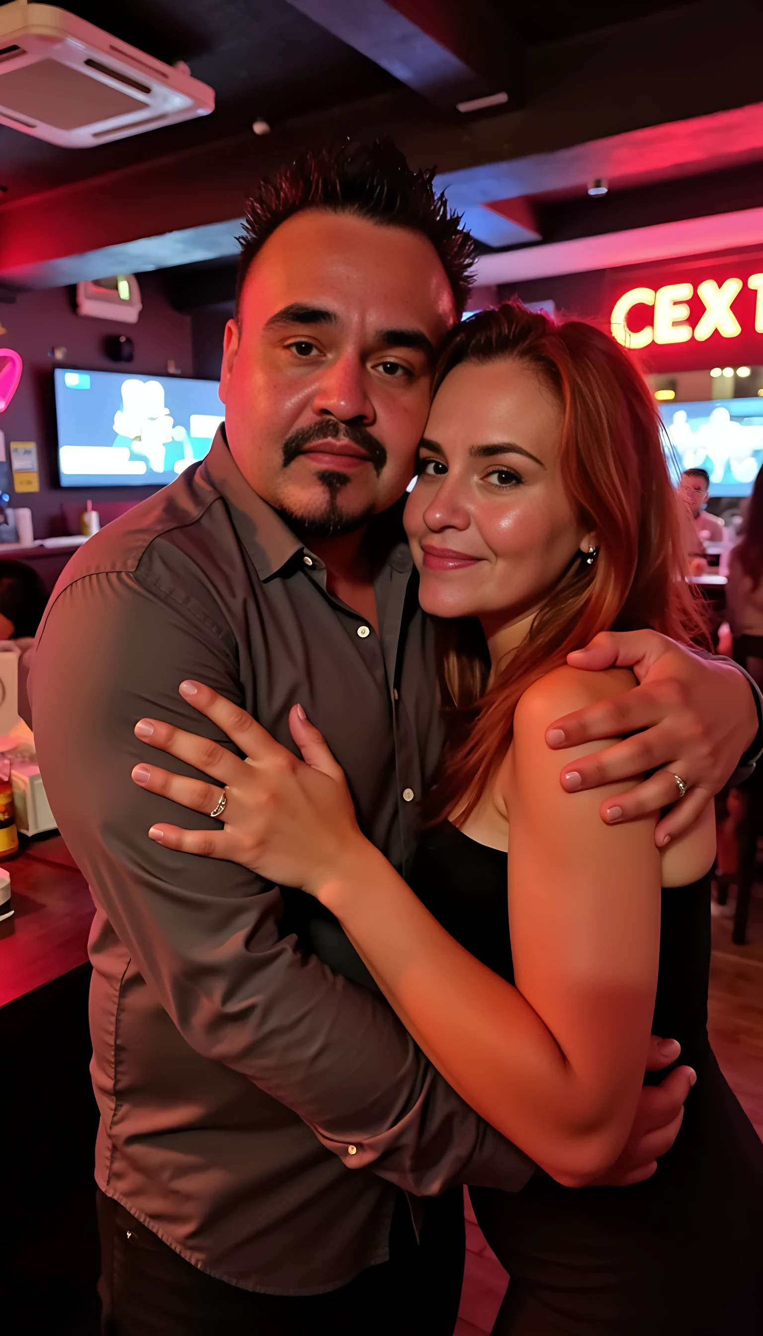 full man body wearing a  nice gray dress shirt   Hugging a beautiful redhead with blue eyes and a beautiful blonde woman in a nightclub background 

