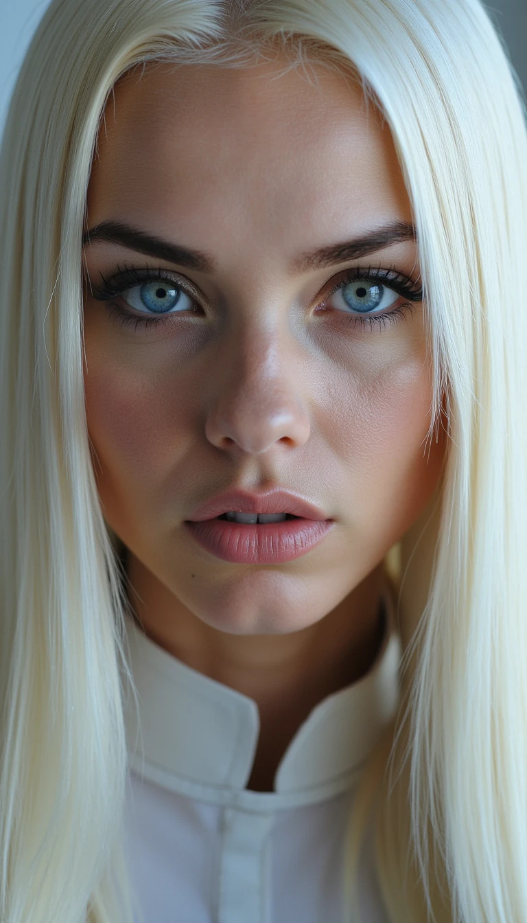 Close-up portrait of a fictional young woman with an oval face shape, slim elongated jawline, sharp contours. Head turned slightly to the side in a three-quarter view. Icy blonde straight hair, very long, sleek and shiny, parted cleanly in the middle, falling over shoulders. Baby-blue almond-shaped eyes, piercing and intense, framed by bold eyeliner and long lashes. Dark well-groomed brows with a sharp arch, enhancing a fierce look. Straight narrow nose with a defined bridge. Full lips, plump and symmetrical, with a matte nude tone, slightly pursed in a confident expression. High cheekbones and clear, flawless skin with a cool undertone, smooth texture, subtle contour. Expression: cold, strong, intimidating, confident, almost defiant. High-resolution, hyper-realistic skin, professional beauty retouch, cinematic daylight with crisp contrast.