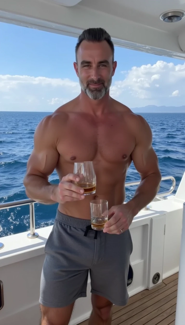 boring low quality snapchat photo circa 2015. Photo of a bodybuilder man. He’s wearing shorts on a billion dollar yacht. He’s holding a glass of whiskey. He is looking at the camera