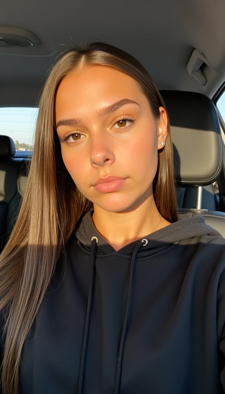 picture of a CSTMDL
Big tits. Large ass. No hip dips. Fit. Wide hips.
She is an 18-year-old girl with long, smooth, medium-dark brown hair (straight to slightly wavy), parted near the center. Her eyes are large, almond-shaped, and warm brown with full lashes and arched brows. She has an hourglass figure: height ~64 in, bust 36 in (28 in underbust), waist 24 in, hips 39 in. Bust is full and projected, waist narrow and flat, hips broad and rounded with lifted glutes. Thighs are full (~24 in), tapering to proportional calves. Arms are slim (~9 in upper arm), shoulders softly broad and balanced with hips. Neck medium, torso compact with a narrow ribcage, legs long relative to torso. Posture upright with mild anterior pelvic tilt. Skin is smooth, lightly tanned, and even-toned.
Scene/Background:
The photo is taken inside a car during the daytime. Natural sunlight streams in through the window, creating bright highlights and casting subtle shadows across the subject’s face and shoulders.

Pose & Camera Angle:
The subject is seated in the driver’s seat, holding the camera slightly above eye level for a confident selfie. Her face is tilted slightly upward, lips softly pursed, and her gaze is directed at the lens with an assertive, stylish expression.

Outfit & Accessories:
She is wearing a black hoodie. For accessories, she has large gold hoop earrings that frame her face and a delicate thin necklace with a small pendant, adding a refined and feminine detail.

Hair & Makeup:
Her long, smooth, dark hair flows naturally over her shoulder, catching the light. Makeup is glowy with dewy skin, dramatic voluminous lashes, and a matte nude-pink lip that complements her overall chic look.

Lighting:
Direct sunlight enhances her features, highlighting her cheekbones and illuminating her skin for a radiant, polished effect.

Mood/Vibe:
The vibe is confident, sultry, and effortlessly stylish — a mix of everyday casual with a strong touch of elegance.