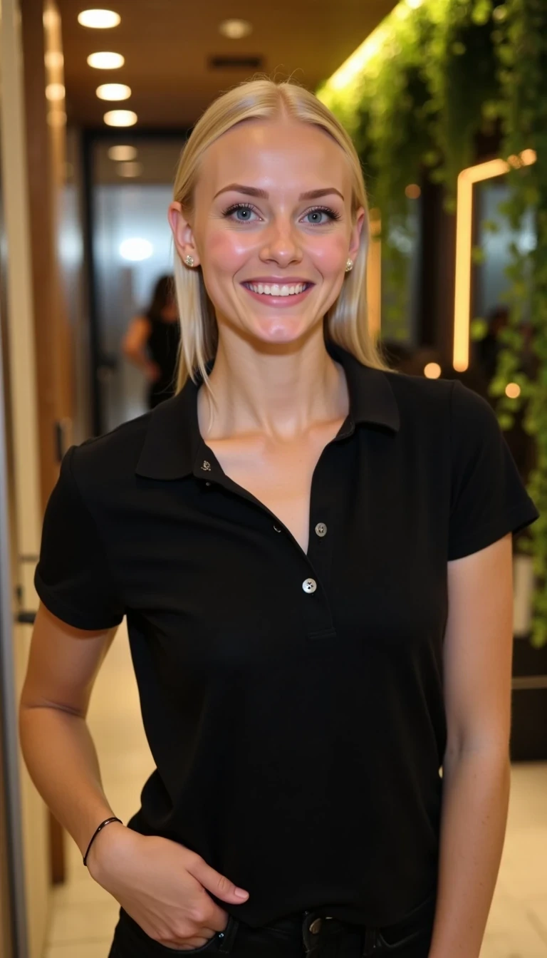 CSTMDL, Hailey, A photorealistic portrait of a young woman in her early 20s with fair porcelain skin, smooth complexion, subtle natural makeup with soft pink lips and light eyeliner, straight blonde hair tied back in a neat ponytail, bright blue eyes sparkling with warmth, friendly genuine smile revealing straight white teeth, confident and approachable demeanor, gazing directly at the viewer with engaging eye contact; she is wearing a fitted black short-sleeved polo shirt, no visible accessories; She is pulling up her polo shirt to show her light blue sexy bra. her pants are black. set in a modern upscale restaurant bathroom interior with high ceilings, warm ambient lights with golden glow in the background; dominant colors are neutral blacks and grays with pops of green foliage, warm wood tones; composition is a medium close-up shot from a slight low angle to emphasize approachability, framed centrally with balanced symmetry, captured with a Canon EOS 5D Mark IV camera using a 50mm prime lens at f/2.8 aperture for shallow depth of field, ISO 100 for crisp details, lighting supplemented by soft indoor LEDs at 4000K color temperature, hyper-realistic textures like the soft cotton weave of the polo shirt, and smooth skin pores; ultra-detailed, hyperrealism, photorealistic rendering indistinguishable from a high-resolution photograph, 8k resolution.