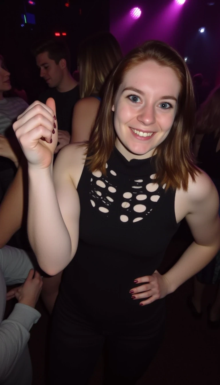 boring low quality snapchat photo circa 2015, woman CSTMDL model at techno party in berghain night club in berlin at night the woman CSTMDL model wears a black high neck tanktop. and ripped black jeans.